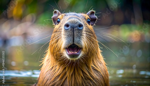 Close-up of a startled capybara in water, looking directly at the viewer with an open mouth and wet fur