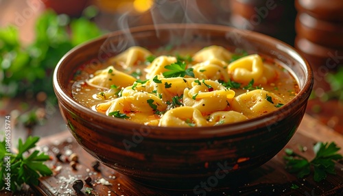 Fototapeta Naklejka Na Ścianę i Meble -  Close-up of a steaming bowl of tortellini soup, garnished with parsley on a rustic wooden board