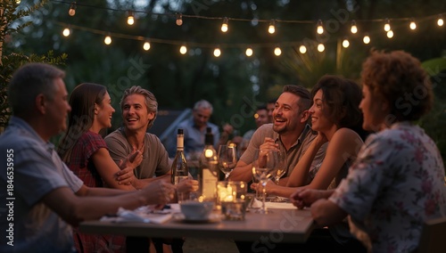 Cheerful people sitting around a wooden table eating dinner and socializing outside in a beautiful park or garden at twilight.