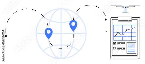 Logistics, analytics, supply chain, delivery, tracking, commerce. A globe with location markers, a quadcopter and data charts. Logistics and analytics for modern tracking