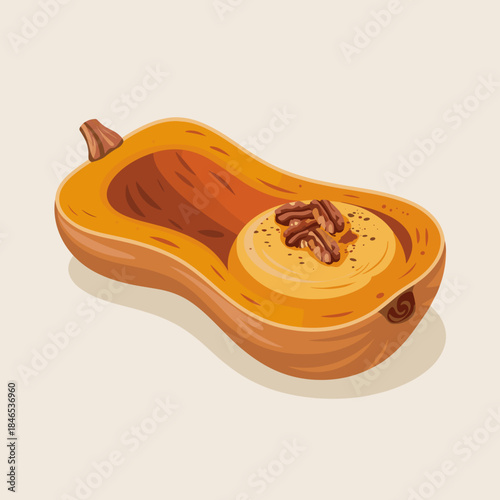 Butternut Squash Custard Dessert Vector in Modern Flat Design Style – Suitable for Thanksgiving menu graphics, warm-toned food blogs, or seasonal advertising.