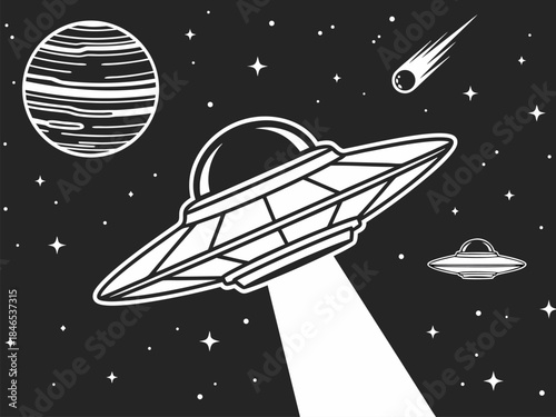 Retro illustration of a flying saucer emitting a beam of light in outer space with a planet and a comet.