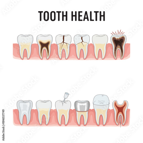 Educational medical illustration displaying dental issues like cavities, pulpitis, and cracked enamel alongside restorative solutions such as fillings and dental crowns