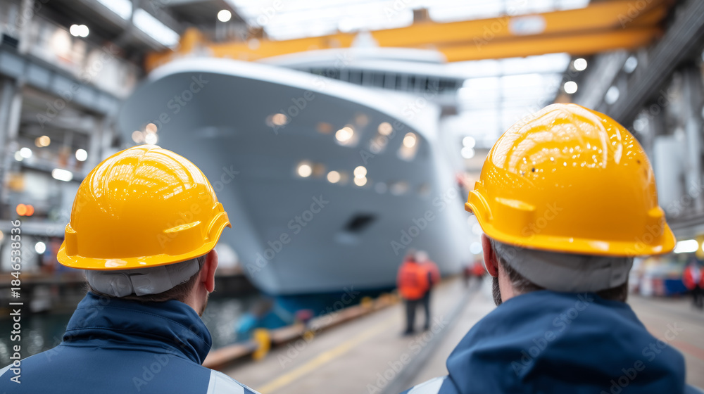 Fototapeta premium Large ferry under inspection in dry dock, heavily defocused background, faceless engineers wearing helmets observing massive vessel, shipyard maintenance assessment, maritime quali