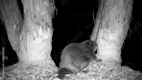 Wilder Biber, Castor fiber, hat Holzspan im Mund von angenagtem Baumstamm im Biberbiotop, Nahaufnahme, Nachtaufnahme