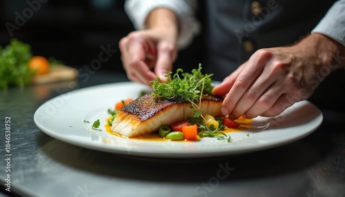 Wallpaper Mural Chef plates pan seared fish fillet with fresh microgreens, colorful vegetables. Professional culinary artist arranges meal garnishes in restaurant kitchen. Skilled cook creates elegant seafood dish. Torontodigital.ca
