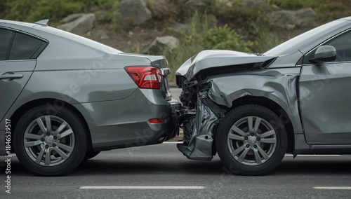 Close up view of a car crash involving two grey sedans with crushed metal frames and broken parts on road.