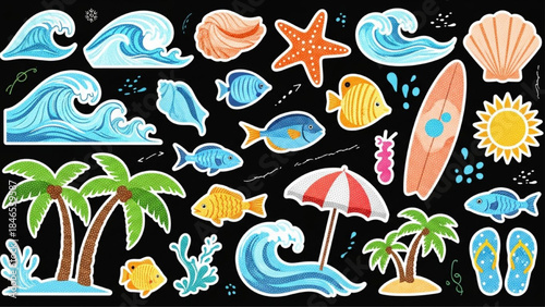 Modern Retro Halftone Ocean Beach Sticker Elements Set on Black Background