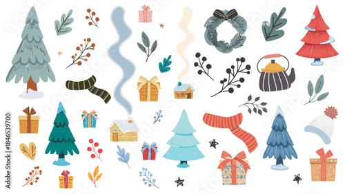 Christmas winter vector set. Christmas tree, branches, clothes, presents, house, christmas decorations