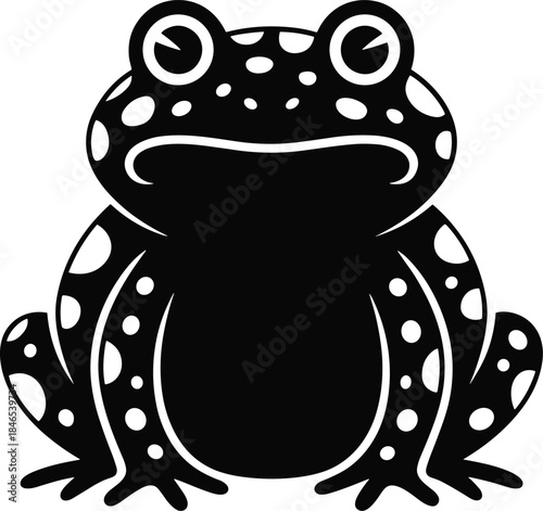 Black and White Stylized Frog with Grumpy Face and White Dots on White Background Keywords: frog, amphibian, toad, animal