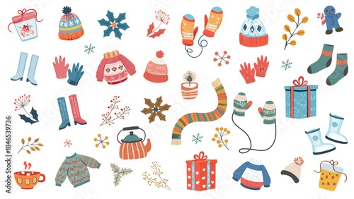 Christmas winter vector set. Christmas tree, branches, clothes, presents, house, christmas decorations