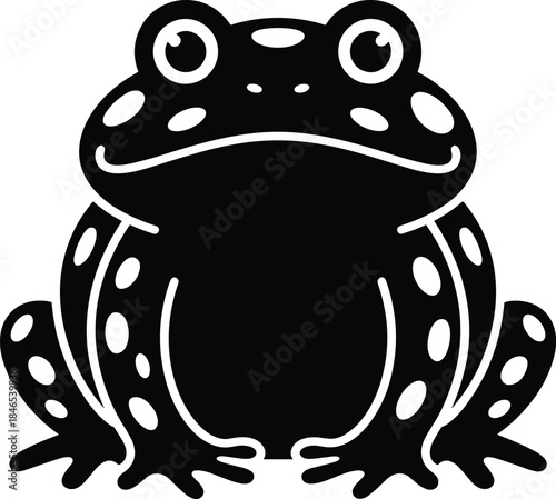 Black and White Stylized Frog with Oval Spots and Round Eyes on White Background Keywords: frog, amphibian, toad, animal
