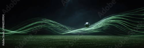 Soccer ball floating above dark grass field, surrounded by dynamic glowing green energy line. Representation of speed, power, and movement in sport