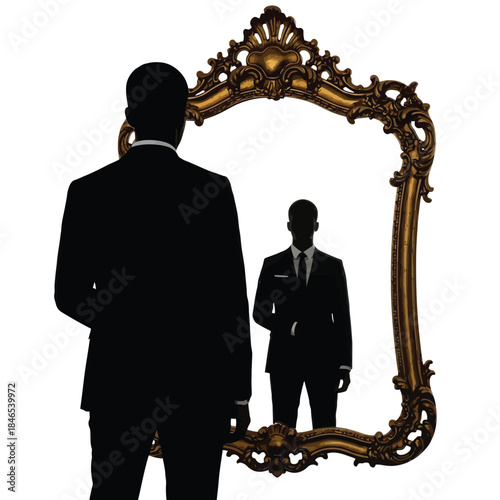 Silhouette of a man in a suit looking into an ornate mirror