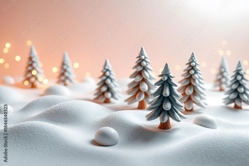Obraz premium Minimal snowy winter landscape with pine trees and warm bokeh lights, Christmas background.