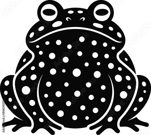 Black and White Stylized Frog with White Dots and Wide Eyes on White Background Keywords: frog, amphibian, toad, animal