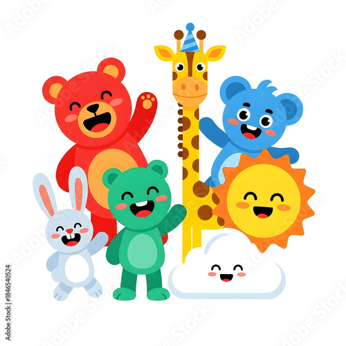 Colorful Cartoon Animals with Sun and Cloud.