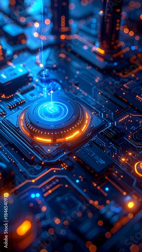 Close-up of a high-tech circuit board with vibrant blue and orange lights. Intricate details of the electronic components are visible