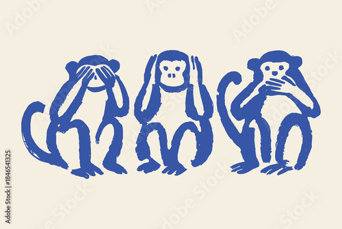 Three monkeys see hear speak minimal doodle vector illustration