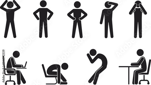 Collection of stick figure icons showing various emotions and activities at work and home silhouette