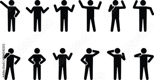 Collection of Stick Figure Poses Showing Different Actions and Emotions on White Background silhouette