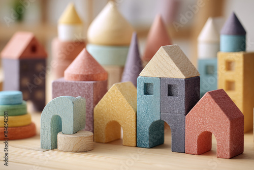 Wallpaper Mural Colorful wooden building blocks in the shape of houses with smooth texture and bright pastel colors for children's play and educational activities Torontodigital.ca