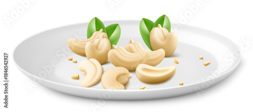 Cashew on a white porcelain plate. Whole and half cashew isolated on white background. Peeled nuts. Cashew kernels are ripe and tasty, a source of protein. 3d vector illustration.