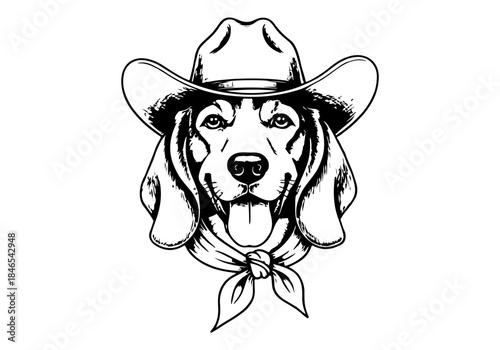 Black and white illustration of a beagle dog wearing a cowboy hat and a bandana, looking forward.