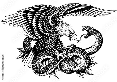 An eagle is shown in mid-flight, with its talons gripping a coiled snake, while its beak is open as if in a fierce battle.