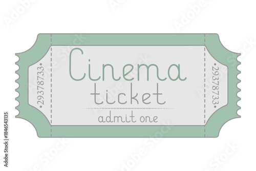 Cinema. Green ticket admit one. Handwritten lettering in lowercase. Color vector illustration. Tear-off ticket with number. Isolated white background. Flat style. Idea for web design
