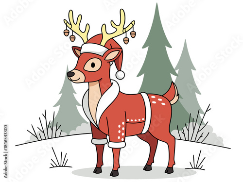 A cute cartoon reindeer dressed in a Santa hat and festive outfit, standing in a snowy landscape with pine trees.