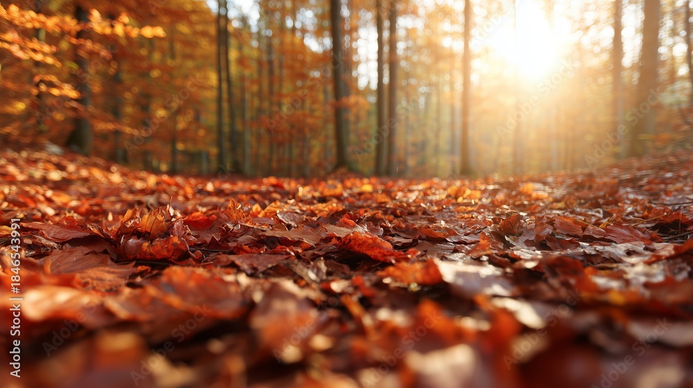 Fototapeta premium Autumn leaves cover the ground in a forest with light shining through the trees