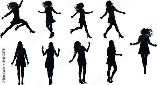Fashion silhouette set of ten women in short dresses, high heels, dynamic poses, jumping and dancing, standing, elegant movement, body language vector illustration