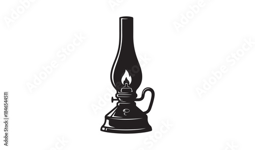 Vintage black silhouette of a lit oil lamp, evoking retro style, warmth, and illumination.