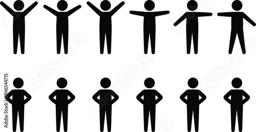 Row of black stick figure silhouettes showing different arm positions and stances people human