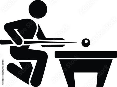 Silhouette of a person playing billiards with cue stick and ball on white background pool game