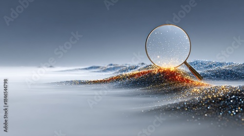 Magnifying Glass Over Abstract Glowing Wave and Fog.
