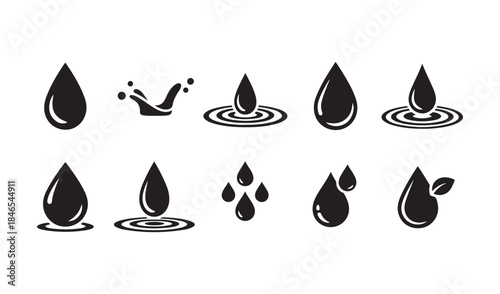 Collection of stylized water drops and splashes, icons for liquid or moisture