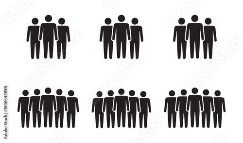 Groups of people icons in different sizes, representing crowds or community