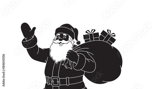 Black silhouette of Santa Claus waving cheerfully, carrying a sack full of gifts for Christmas celebration.