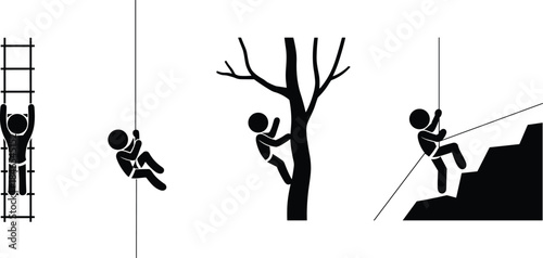Stick Figure Climbing Icons Set Ladder Rope Tree Rock Climbing with Harness on White Background vector