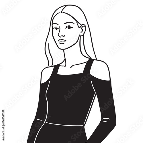 line flat fashion illustration girl in black long-sleeved with open shoulders