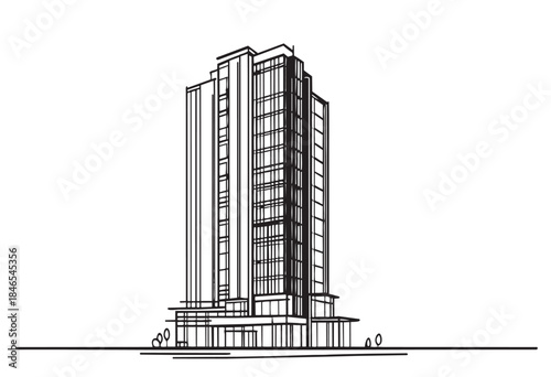 line sketch high-rise building on white background