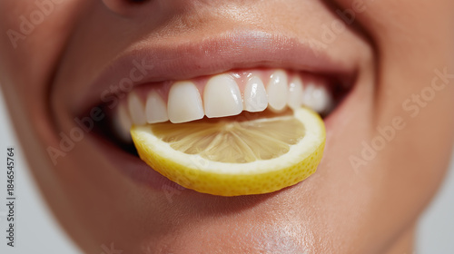 Closeup smiling mouth gently holding lemon slice between bright white teeth.