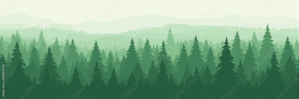 Fototapeta premium Creative digital art of a wild forest with green spruce trees in a minimalist style for website banners and posters.