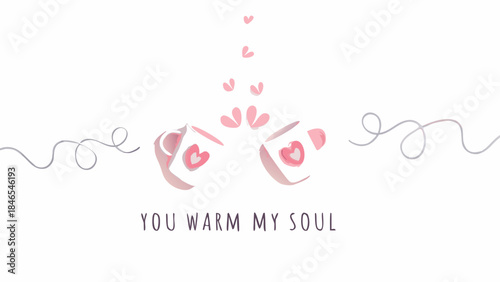 Minimalistic vector illustration of two coffee mugs with hearts and decorative elements