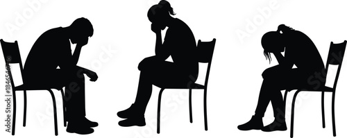 Silhouettes of three seated figures in despair, contemplative posture, hunched shoulders, isolation, mental-health awareness, emotional burden, introspection, silent struggle
