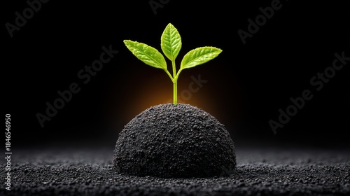 Vibrant green sprout emerging from dark soil symbolizing new life and growth.