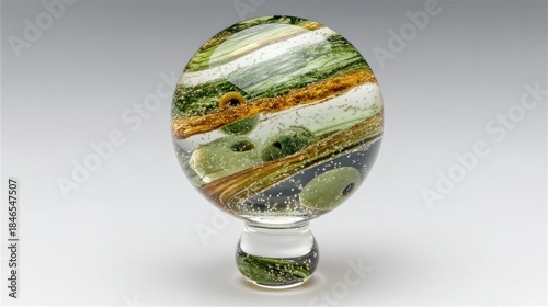 Abstract Glass Orb with Swirling Green and Brown Landscape Design.