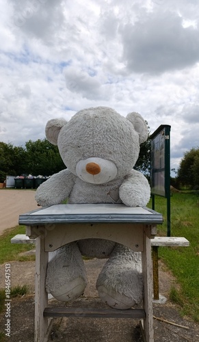 an abandoned large white teddy bear
